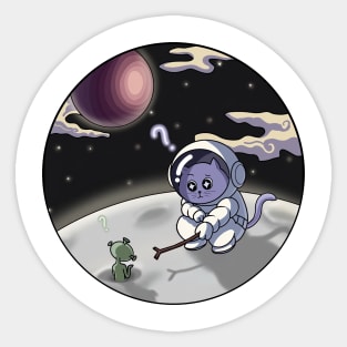 astronaut cat playing with aliens on the moon Sticker